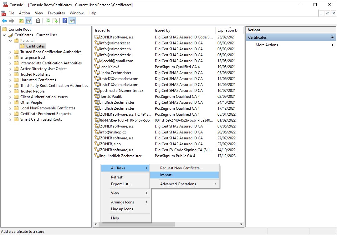 Certificate import in Windows